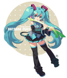 Rule 34 | 1girl, bf. (sogogiching), blue eyes, blue hair, hatsune miku, long hair, matching hair/eyes, solo, spring onion, thighhighs, twintails, vocaloid