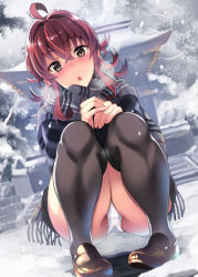 Rule 34 | 1girl, ahoge, arashi (kancolle), black thighhighs, blush, kantai collection, kyogoku shin, loafers, looking at viewer, nose blush, open mouth, outdoors, own hands together, panties, pantyshot, red hair, scarf, shoes, short hair, shrine, snow, solo, squatting, thighhighs, underwear, white panties