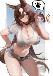 Rule 34 | 1girl, animal ears, bikini, bikini under clothes, black choker, blue shorts, bracelet, breasts, brown hair, choker, cleavage, closed mouth, collar, commentary request, denim, denim shorts, hair between eyes, hand on own hip, highres, holding, holding collar, horse ears, horse girl, horse tail, inaba (usanopo), jewelry, large breasts, looking at viewer, midriff, navel, red collar, red eyes, shirt, shorts, sirius symboli (umamusume), smile, solo, standing, swimsuit, tail, thighs, umamusume, white shirt