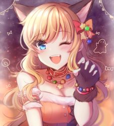 Rule 34 | 1girl, ;d, animal ears, bare shoulders, blonde hair, blue eyes, blush, bow, bracelet, breasts, cleavage, collarbone, commentary request, fang, fingerless gloves, fur gloves, gloves, hair bow, hair ornament, hand up, highres, idolmaster, idolmaster cinderella girls, jewelry, komari mhy, long hair, looking at viewer, necklace, ohtsuki yui, one eye closed, open mouth, smile, solo, star (symbol), star hair ornament, upper body