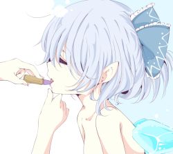 Rule 34 | 1girl, applying makeup, blue hair, bow, cirno, cosmetics, closed eyes, hair bow, ice, ice wings, inasa orange, lipstick, lipstick tube, makeup, open mouth, pointy ears, profile, purple lips, short hair, topless, touhou, wings