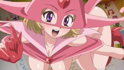 Rule 34 | 1girl, animated, blonde hair, blush, breasts, brown hair, censored, censored nipples, cleavage, costume, dororon enma-kun, enbi-chan, gloves, hanging breasts, hat, heart, heart censor, high heels, highres, looking at viewer, navel, no bra, out-of-frame censoring, purple eyes, short hair, solo focus, sound, bouncing breasts, video