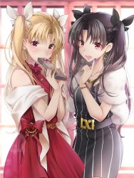 Rule 34 | 2girls, akatsuki hijiri, belt, black hair, black ribbon, blonde hair, blue nails, chocolate, commentary, commentary request, dress, earrings, ereshkigal (bitter sweet) (fate), ereshkigal (fate), fate/grand order, fate (series), gold nails, highres, ishtar (bitter sweet) (fate), ishtar (fate), jewelry, looking at viewer, multiple girls, nail polish, open mouth, red dress, red eyes, ribbon, siblings, sisters, striped, twintails, two side up, white ribbon