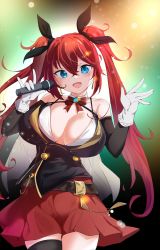 Rule 34 | 1girl, absurdres, belt, blue eyes, breasts, cleavage, fang, gloves, highres, large breasts, last origin, may of doom, microphone, open mouth, p220 31495, red hair, skirt, solo, thighhighs, twintails