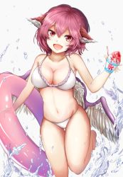 Rule 34 | 1girl, animal ears, bare legs, bare shoulders, barefoot, bikini, bird wings, breasts, cleavage, collarbone, commentary request, food, happy, holding, holding food, houdukixx, ice cream, ice cream cup, innertube, leg up, looking at viewer, medium breasts, mystia lorelei, navel, open mouth, pink eyes, pink hair, short hair, skindentation, smile, solo, splashing, standing, swim ring, swimsuit, touhou, water, white background, white bikini, wings