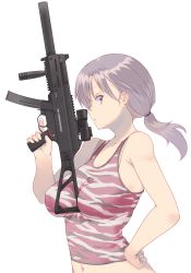 Rule 34 | 1girl, :o, bare arms, bare shoulders, between breasts, bra strap, breasts, camouflage, gun, h&amp;k ump, hair tie, heckler &amp; koch, holding, holding gun, holding weapon, long hair, looking at viewer, medium breasts, nakadori (movgnsk), navel, open mouth, playerunknown&#039;s battlegrounds, ponytail, profile, purple eyes, silver hair, simple background, solo, submachine gun, tank top, trigger discipline, upper body, weapon, white background