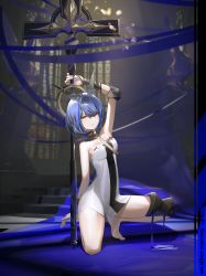 Rule 34 | 1girl, absurdres, azur lane, bare shoulders, barefoot, blue hair, breasts, character name, cleavage, closed mouth, cross, cross necklace, dress, full body, gascogne (azur lane), highres, holding, holding cross, jewelry, ka11 ca, looking at viewer, necklace, scenery, short hair, simple background, sitting, small breasts, solo, white dress, yellow eyes