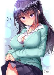 Rule 34 | 1girl, anger vein, blush, breasts, button gap, cardigan, cleavage, closed mouth, collarbone, collared shirt, dress shirt, green cardigan, hair between eyes, large breasts, mokufuu, original, pleated skirt, purple eyes, purple hair, purple skirt, school uniform, shirt, signature, skirt, solo, spoken anger vein, white shirt