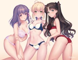 Rule 34 | 3girls, ahoge, artoria pendragon (all), artoria pendragon (fate), black hair, blonde hair, blue eyes, braid, breasts, cleavage, fate/hollow ataraxia, fate/stay night, fate (series), french braid, green eyes, highres, matou sakura, multiple girls, panties, purple eyes, red panties, saber (fate), sakura shiho, tohsaka rin, twintails, two side up, underwear