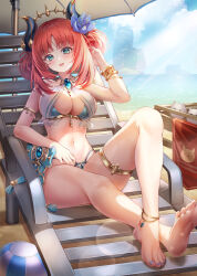 Rule 34 | 1girl, absurdres, armlet, barefoot, beach, beach chair, bikini, blue sky, blush, bnari, bracelet, breasts, brooch, double bun, fake horns, genshin impact, green eyes, hair bun, hair ornament, highres, horns, jewelry, large breasts, long hair, looking at viewer, low twintails, nilou (genshin impact), open mouth, red hair, shore, sidelocks, sky, smile, solo, swimsuit, thighlet, thighs, twintails, white bikini