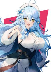 Rule 34 | 1girl, ahoge, bare shoulders, belt, blue hair, blush, braid, breasts, center frills, chyko7080, coat, covered erect nipples, cowboy shot, flower, frills, fur trim, hair between eyes, hair flower, hair ornament, half updo, heart, heart ahoge, highres, hololive, large breasts, long hair, long sleeves, looking at viewer, open mouth, pointy ears, sideboob, sidelocks, simple background, smile, solo, tight clothes, underbust, virtual youtuber, yellow eyes, yukihana lamy