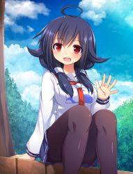Rule 34 | 10s, 1girl, :d, ahoge, black hair, black pantyhose, blue sky, cloud, cloudy sky, commentary request, day, hair flaps, highres, kantai collection, long hair, looking at viewer, low twintails, open mouth, pantyhose, pleated skirt, red eyes, school uniform, serafuku, sitting, skirt, sky, smile, snow (gi66gotyo), solo, taigei (kancolle), twintails, waving