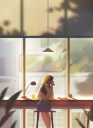 Rule 34 | 1girl, arm support, book, brown eyes, brown hair, city, cup, elbow rest, falling leaves, hand on own chin, head rest, highres, jenny yu, lamp, leaf, light, original, ponytail, shadow, shirt, sitting, sky, stool, stuffed toy, tree, window