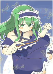 Rule 34 | conductor baton, blue dress, blue footwear, blue hairband, blush, breasts, cleavage, closed mouth, commentary request, dress, frilled dress, frilled hairband, frills, green hair, hairband, happy, layla prismriver, lolita hairband, long hair, matsu kitsune, medium breasts, musical note, off-shoulder dress, off shoulder, one-hour drawing challenge, short sleeves, smile, touhou
