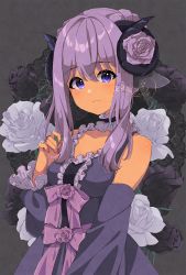 Rule 34 | 1girl, bare shoulders, black flower, black rose, blush, bow, breasts, center frills, closed mouth, collarbone, commentary, commission, curled horns, detached sleeves, doily, dress, flower, frills, grey background, hair between eyes, hand up, highres, horns, long hair, long sleeves, looking at viewer, mamyouda, nail polish, original, puffy long sleeves, puffy sleeves, purple bow, purple eyes, purple flower, purple hair, purple rose, purple sleeves, red nails, rose, signature, sleeveless, sleeveless dress, sleeves past wrists, small breasts, solo, upper body, white flower, white rose