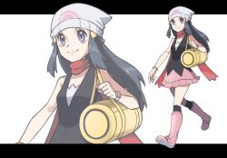 Rule 34 | 1girl, ayan ip, bag, beanie, black hair, black shirt, black socks, boots, bracelet, closed mouth, commentary request, creatures (company), dawn (pokemon), duffel bag, eyelashes, full body, game freak, grey eyes, hair ornament, hairclip, hat, highres, holding strap, jewelry, kneehighs, long hair, nintendo, pink footwear, pink scarf, pink skirt, poke ball print, pokemon, pokemon dppt, red scarf, scarf, shirt, sidelocks, skirt, sleeveless, sleeveless shirt, smile, socks, walking, white background, white headwear, yellow bag, zoom layer