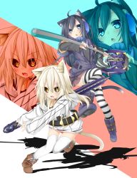 Rule 34 | 2girls, animal ears, black sclera, blue eyes, cat ears, cat tail, chabaneko, colored sclera, headphones, highres, long hair, looking at viewer, multiple girls, open mouth, original, skirt, slit pupils, socks, striped clothes, striped legwear, striped thighhighs, sword, tail, tarutaru22, thighhighs, weapon, white hair, white legwear, yellow eyes, zoom layer