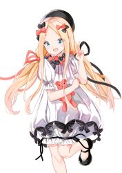 Rule 34 | 1girl, :d, abigail williams (fate), absurdres, black bow, black footwear, black hat, blonde hair, bloomers, blue eyes, blush, bow, commentary, dress, eyebrows hidden by hair, fate/grand order, fate (series), forehead, hair bow, hand up, hat, highres, hugging object, long hair, low twintails, multiple hair bows, open mouth, orange bow, parted bangs, polka dot, polka dot bow, puffy short sleeves, puffy sleeves, shoes, short sleeves, simple background, smile, solo, standing, standing on one leg, stuffed animal, stuffed toy, teddy bear, twintails, underwear, v, very long hair, white background, white bloomers, white dress, yukaa