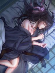 Rule 34 | 1girl, bad anatomy, black hair, bow, breasts, cleavage, clenched hand, closed eyes, futon, hair bow, indoors, izumi (stardustalone), japanese clothes, kimono, long hair, lying, night, on side, original, pink bow, shadow, sleeping, solo