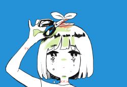 Rule 34 | 1girl, blue background, highres, holding, holding scissors, leaf, limited palette, original, richard-kun, scissors, short hair, simple background, solo, tears