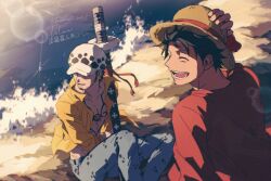 Rule 34 | 2boys, black hair, chest tattoo, closed eyes, commentary request, demorzel, denim, earrings, facial hair, fur hat, goatee, hand on headwear, hat, highres, holding, holding sheath, jeans, jewelry, male focus, monkey d. luffy, multiple boys, ocean, one piece, open mouth, outdoors, pants, red shirt, scar, scar on face, sheath, sheathed, shirt, short hair, sitting, smile, straw hat, sword, tattoo, teeth, trafalgar law, water, weapon, yellow shirt