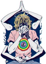 Rule 34 | 1boy, blonde hair, blue background, blue eyes, clothes writing, covering own mouth, extra arms, eyes in shadow, halo, head tilt, kaneoya sachiko, looking at viewer, male focus, medium hair, one eye closed, original, own hands together, print shirt, shirt, short sleeves, solo, t-shirt, yoiko yokochou