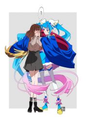 Rule 34 | 2girls, ahoge, aoi tete, blue cape, blue dress, blue eyes, blue hair, boots, brown hair, cape, commentary request, covering face, cure sky, dress, gradient hair, hair ornament, highres, hirogaru sky! precure, long hair, looking at another, magical girl, multicolored hair, multiple girls, pink hair, precure, red cape, skirt, smile, sora harewataru, speech bubble, standing, streaked hair, thighhighs, thighs, translation request, twintails, two-tone cape, two-tone hair, very long hair, white thighhighs, wing hair ornament