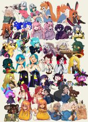 Rule 34 | 6+girls, ?, absurdres, ahoge, animal ears, aqua eyes, aqua hair, aqua skin, bakuatsukiyu, black dress, black eyes, black gloves, black hair, black horns, black jacket, black ribbon, black skin, blonde hair, blue coat, blue hair, blue shirt, blue sweater, blunt bangs, blush, bongfill, borrowed character, braid, breasts, broke-chan (bakuatsukiyu), brown gloves, brown hair, bucket, bucket on head, bumblesteak, camisole, cape, character request, christy frisby, cleavage, closed eyes, coat, collaboration, collared shirt, colored sclera, colored skin, covered navel, cowboy shot, cropped torso, dark-skinned female, dark skin, deadslug, detached sleeves, drawstring, dress, eleanor (justadrian), faure (wafferscotch), firebay, flower, forest box, furry, furry female, gaziter, glasses, gloves, goat ears, goat girl, green gloves, green hair, green skin, green sweater, grey coat, grey eyes, grey hair, grey hoodie, grey overalls, gris (vertigris), hair between eyes, hair bun, hair ornament, hair over one eye, hairclip, hand up, highres, hood, hood down, hood up, hoodie, horns, index finger raised, jacket, june (megrocks), justadrian (yoadriandk), kitt betelgeuse, large breasts, long hair, long sleeves, luny, maple (tealst), medium breasts, medium hair, megrocks, minimilieu, mona (deadslug), mouse ears, multicolored hair, multiple braids, multiple girls, mynotar, neck ribbon, niking, no nose, object on head, off-shoulder sweater, off shoulder, olive (bumblesteak), open mouth, orange hair, original, overalls, parted lips, phone, pink eyes, pink hair, pink shirt, pink skin, pointy ears, ponytail, print shirt, profile, purple eyes, purple hoodie, purple horns, rabbit ears, red-framed eyewear, red cape, red eyes, red flower, red hair, red rose, ribbon, rose, round eyewear, shirt, short hair, short sleeves, simple background, skull hair ornament, sleeves past wrists, smile, soap.h, sofia (gaziter), speech bubble, spoken question mark, squeaky (artist), string phone, sui (suizilla), suspenders, sweater, table, tank (bongfill), tealst, tomonaku, twintails, two-tone hair, umbra (firebay), upper body, velo (kitt betelgeuse), vertigris, wafferscotch, whispering, white background, white camisole, white hair, white shirt, wren (minimilleu), yellow eyes, yellow sclera