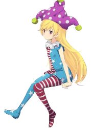 Rule 34 | 1girl, american flag dress, american flag legwear, blonde hair, clownpiece, commentary, dress, from side, full body, hat, invisible chair, jester cap, knees together feet apart, leon (mikiri hassha), long hair, looking at viewer, neck ruff, pantyhose, red eyes, short sleeves, simple background, sitting, smile, solo, striped clothes, striped dress, touhou, very long hair, white background