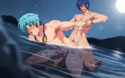 Rule 34 | 2boys, beach, blue hair, brothers, censored, cum, cum in ass, closed eyes, male focus, multiple boys, open mouth, partially submerged, penis, sex, siblings, yaoi