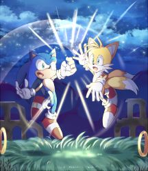 Rule 34 | 2boys, blue eyes, fox, furry, furry male, gloves, green eyes, hedgehog, jumping, light particles, light rays, male focus, motion lines, multiple boys, multiple tails, night, night sky, red footwear, rento (rukeai), ring (sonic), sideways mouth, sky, smile, sonic (series), sonic the hedgehog, sonic the hedgehog 4, tail, tails (sonic), white gloves