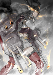 Rule 34 | 1girl, bad id, bad pixiv id, black hair, breasts, cannon, crossover, giant, giantess, glowing, glowing eye, gun, hair ornament, highres, jaeger (pacific rim), kantai collection, legendary pictures, light trail, long hair, nagato (kancolle), navel, pacific rim, pan pacific defense corps, parody, skirt, smoke, solo, style parody, thighhighs, weapon, yellow eyes, z-ton