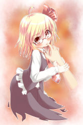 Rule 34 | 1girl, ahoge, bespectacled, blonde hair, embodiment of scarlet devil, finger in own mouth, glasses, gradient background, hair ribbon, male hand, necktie, razy (skuroko), red eyes, ribbon, rumia, short hair, solo, touhou