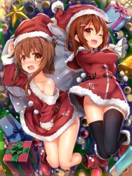 Rule 34 | 10s, 2girls, bell, black socks, blush, boots, brown eyes, brown hair, capelet, christmas ornaments, collarbone, dress, fang, folded ponytail, full-face blush, fur trim, gift, hair between eyes, hair ornament, hairclip, hand on headwear, hat, holding, ikazuchi (kancolle), inazuma (kancolle), kantai collection, kneehighs, looking at viewer, multiple girls, off shoulder, one eye closed, open mouth, red dress, sack, santa costume, santa hat, socks, star (symbol), thighhighs, thighs, wavy mouth, yu-yuuki