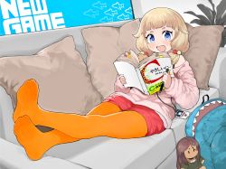 Rule 34 | 1girl, :d, ahagon umiko, animal bag, backpack, bag, blonde hair, blue eyes, book, character doll, couch, cushion, doll, female focus, full body, highres, holding, holding book, id card, indoors, jacket, lanyard, long hair, looking at viewer, menthako, new game!, no shoes, open book, open mouth, pantyhose, pink jacket, red shorts, sakura nene, shark bag, shorts, sitting, smile, soles, solo, twintails