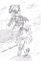 Rule 34 | 1girl, bag, blouse, braid, carrying, commentary, flat cap, from behind, fukuda haru, girls und panzer, glasses, graphite (medium), greyscale, hat, highres, holding, holding magnifying glass, long hair, long sleeves, looking at viewer, looking back, magnifying glass, makicha (sasurainopink), medium skirt, miniskirt, monochrome, open mouth, outdoors, pleated skirt, round eyewear, satchel, shawl, shirt, shoes, sketch, skirt, smile, socks, solo, standing, traditional media, twin braids, twintails, walking