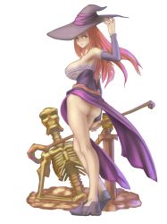 Rule 34 | 1girl, adjusting clothes, adjusting headwear, ass, back, bare shoulders, breasts, detached sleeves, dragon&#039;s crown, dress, hat, highres, large breasts, legs, long hair, long legs, looking at viewer, looking back, md5 mismatch, no panties, red hair, resolution mismatch, side slit, sideboob, simple background, skeleton, solo, sorceress (dragon&#039;s crown), spiritoxa, staff, strapless, strapless dress, sword, weapon, white background, witch hat