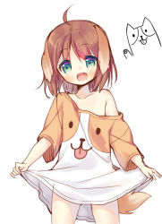 Rule 34 | 1girl, :d, ahoge, animal ears, blush, borrowed character, brown hair, dog, dog ears, dog tail, fang, green eyes, meiko (inuarashi), off shoulder, open mouth, original, oversized clothes, shirt, short hair, simple background, smile, solo, t-shirt, tail, white background, yuizaki kazuya