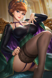 Rule 34 | 1girl, anna (frozen), black dress, black thighhighs, blue eyes, blurry, blurry background, breasts, brown hair, cape, chest harness, commentary, dress, earrings, english commentary, freckles, frozen (disney), frozen ii (disney), gold earrings, green cape, green dress, harness, highres, jewelry, large breasts, multicolored cape, multicolored clothes, neoartcore, o-ring, paid reward available, panties, patreon username, purple cape, purple garter straps, purple panties, ring, sitting, solo, thighhighs, tiara, two-tone dress, underwear
