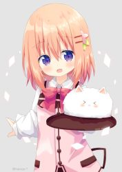 Rule 34 | &gt; &lt;, 1girl, :&lt;, :d, angora rabbit, animal, apron, blush, bow, brown hair, closed eyes, closed mouth, collared shirt, commentary request, gochuumon wa usagi desu ka?, grey background, hair between eyes, hair ornament, hairclip, highres, holding, holding tray, hoto cocoa, long hair, long sleeves, looking at viewer, nakkar, open mouth, pink apron, purple eyes, rabbit, rabbit house uniform, red bow, shirt, simple background, sleeves past wrists, smile, tippy (gochiusa), tray, twitter username, uniform, upper body, waitress, white shirt