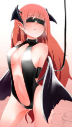 Rule 34 | 1girl, arms behind back, bare shoulders, bat wings, bdsm, black gloves, blindfold, blush, breasts, elbow gloves, gloves, head wings, highres, koakuma, large breasts, latex, leash, long hair, low wings, mantarou (shiawase no aoi tori), navel, pointy ears, red hair, solo, touhou, wings