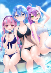 Rule 34 | 3girls, absurdres, barefoot, bikini, black bikini, blue bikini, blue eyes, blue hair, blush, braid, breasts, cleavage, closed mouth, day, green eyes, hair between eyes, highres, hololive, hoshimachi suisei, large breasts, long hair, looking at viewer, medium breasts, mia (mk2022), minato aqua, multicolored hair, multiple girls, open mouth, outdoors, pink hair, ponytail, pool, purple eyes, purple hair, short hair, sitting, small breasts, smile, star (symbol), star in eye, startend (hololive), streaked hair, swimsuit, symbol in eye, thigh strap, tokoyami towa, twin braids, two-tone hair, virtual youtuber, white bikini