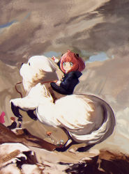 Rule 34 | 1girl, 5others, absurdres, anya (spy x family), bond (spy x family), boots, child, closed mouth, coat, collar, dog, fine art parody, green eyes, hairpods, higemu, highres, knee boots, multiple others, napoleon crossing the alps, outdoors, outstretched arm, parody, pink hair, pointing, rearing, riding, short hair, sitting, spy x family, white dog, winter clothes, winter coat