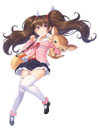 Rule 34 | 1boy, androgynous, bag, blush, brown hair, clenched hands, embarrassed, frilled skirt, frills, full body, girly boy, hands up, holding, holding stuffed toy, lilith-soft, long hair, looking at viewer, mary janes, miniskirt, obui, pink eyes, pleated skirt, sailor collar, shiny skin, shoes, shoulder bag, simple background, skirt, smile, solo, stuffed animal, stuffed toy, taimanin (series), taimanin asagi, taimanin rpgx, thighhighs, trap, twintails, uehara shikanosuke, very long hair, white background, white thighhighs