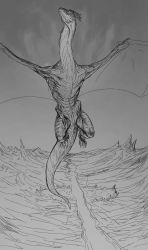 Rule 34 | commentary, dragon, english commentary, flying, greyscale, highres, monochrome, no humans, original, outdoors, spread wings, y naf