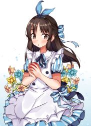 Rule 34 | 1girl, :o, absurdres, apple, apron, blue bow, blue flower, blue ribbon, blush, bow, brown eyes, brown flower, brown hair, commentary request, dress, fingernails, flower, food, frilled apron, frills, fruit, hair bow, hair ribbon, hands up, highres, holding, holding food, holding fruit, idolmaster, idolmaster cinderella girls, idolmaster cinderella girls starlight stage, long hair, looking at viewer, norazura, parted lips, puffy short sleeves, puffy sleeves, red apple, ribbon, short sleeves, solo, striped bow, striped clothes, striped dress, tachibana arisu, vertical-striped clothes, vertical-striped dress, very long hair, white apron, yellow flower