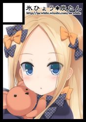 Rule 34 | 1girl, :o, abigail williams (fate), black bow, black dress, black hat, blonde hair, blue eyes, blush, bow, circle cut, commentary request, dress, fate/grand order, fate (series), forehead, hair bow, hat, hugging object, long hair, long sleeves, looking at viewer, orange bow, parted bangs, parted lips, polka dot, polka dot bow, shirasu youichi, sleeves past fingers, sleeves past wrists, solo, stuffed animal, stuffed toy, teddy bear, translation request, watermark, web address