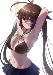 Rule 34 | 1girl, antenna hair, armpits, arms behind head, bikini, bikini top only, black bikini, blue skirt, breasts, brown hair, cleavage, commentary request, girls&#039; frontline, grin, highres, large breasts, long hair, looking at viewer, m14 (girls&#039; frontline), medium breasts, navel, pleated skirt, purple eyes, simple background, skirt, smile, solo, swimsuit, twintails, very long hair, warashi, white background