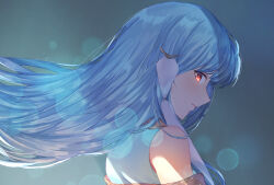 Rule 34 | 1girl, blue hair, closed mouth, edamameoka, fire emblem, fire emblem: the blazing blade, floating hair, grey background, highres, lens flare, looking at viewer, looking to the side, ninian (fire emblem), nintendo, profile, red eyes, short hair, solo
