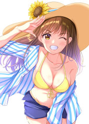 Rule 34 | 1girl, :d, arm up, bikini, bikini top only, blue shorts, blush, breasts, brown eyes, cleavage, collarbone, flower, front-tie bikini top, front-tie top, hand on own leg, hat, large breasts, light brown hair, long hair, looking at viewer, namidako, navel, one eye closed, open clothes, open fly, open mouth, open shirt, original, salute, shirt, shirt slip, short sleeves, shorts, simple background, smile, solo, striped clothes, striped shirt, sun hat, sunflower, swimsuit, teeth, white background, yellow bikini, | |